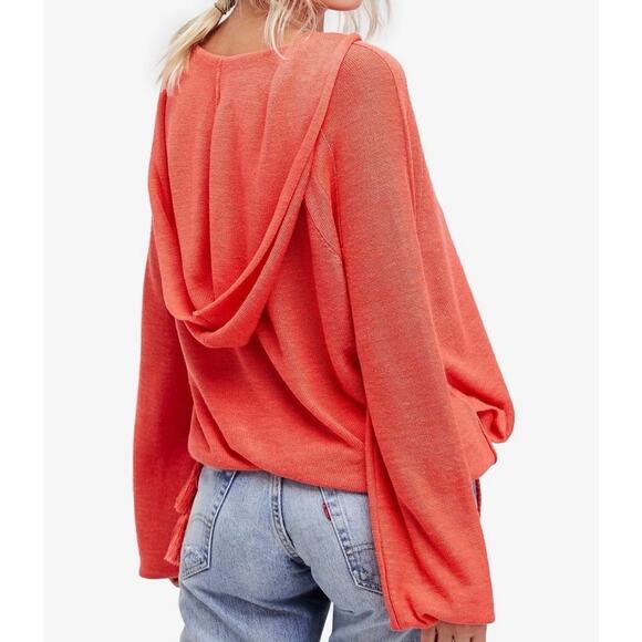 FREE PEOPLE Optimistic Linen Blend Hoodie Pullover Sweater XS Oversized Coral - Picture 2 of 12